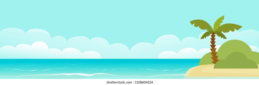 Exótica línea costera de playa vectorial o soleada isla de paraíso tropical con fondo marino ilustración de dibujos animados planos, laguna panorámica del océano de verano con follaje de palmera y belleza de resort vacío bahía  