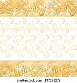 Exotic background, contour monstera plants leaves and abstract pattern. Vector