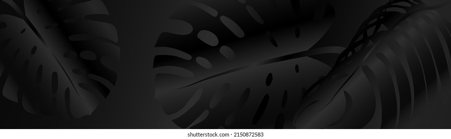Exotic background design with tropical pattern of palm leaf. Floral black horizontal vector template for summer banner, premium invitation, luxury voucher, prestigious gift certificate.