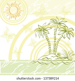 Exotic background. Outline island with a palm tree, sun, butterflies, rings and grunge pattern. Vector