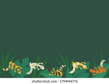 Exotic background with plants and leopard geckos on leaves. Reptile flat illustration for zoo or terrarium. - Vector