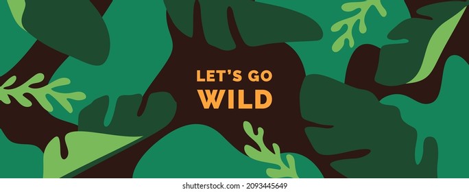 Exotic background with tropical leaves. Horisontal social media banner, header, poster, greeting card. Vector illustration.