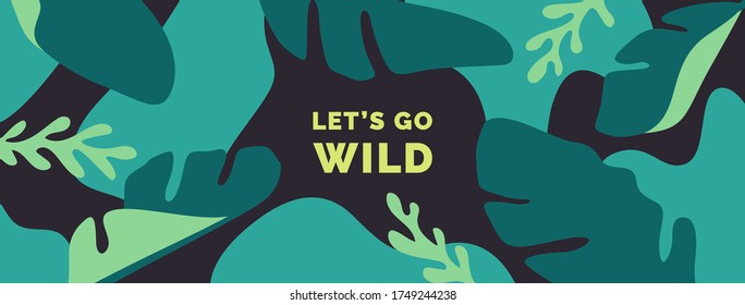 Exotic background with tropical leaves. Horizontal social media banner, header image, poster, greeting card. Vector illustration.