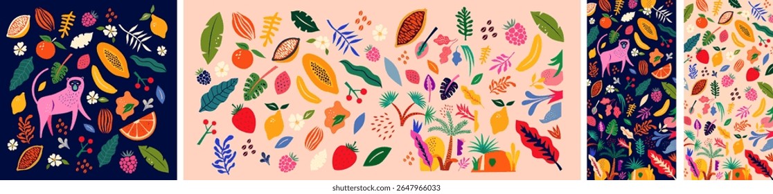 Exotic backgrounds. Vector colorful illustrations with tropical fruits, leaves, monkey. Brazil tropical pattern.