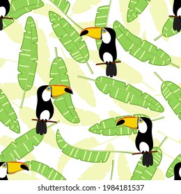 Exotic banana leaves and bird toucan. Seamless pattern.