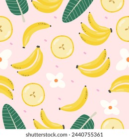 Exotic banana seamless pattern. Sliced yellow banana with leaves and flowers. Hand-drawn trendy vector illustration. 