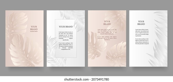 Exotic banner in light colors. Floral cover, frame design set with tropical leaf pattern. Platinum vertical vector template for lux invitation party, luxury voucher, gift card.