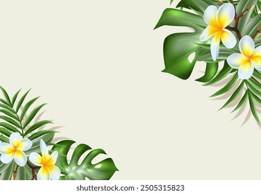 Exotic banner. Palms and frangipani flower leaves with copy space for your ad.