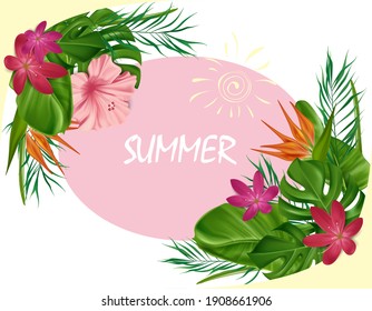 Exotic banner for the summer with tropical flower elements on a white background. Summer banner with exotic jungle plant with place for text. Vector illustration