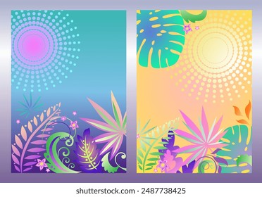 Exotic banners with tropical jungle plants, monstera and fern leaves for summer party, social media design, wedding invitation, birthday congratulations. Part 2