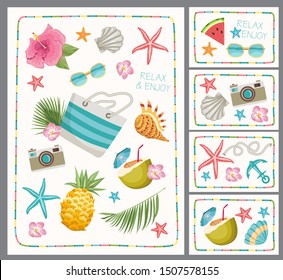 Exotic beach background. Aloha design. Tropical beach design elements. Tropical pattern. 