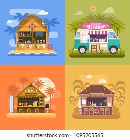 Exotic beach bar set. Summer restaurants on sea coast and food van sailing fruit shakes, juice and cocktails. Beach party banners with tropical tiki bar hut, bungalow and ice cream truck.