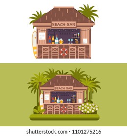 Exotic beach bar. Summer restaurant on sea coast selling fruit shakes, alcohol drinks and cocktails. Beach party scene with tropical tiki bar in bungalow.