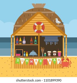 Exotic beach bar. Summer restaurant on sea coast selling fruit shakes, alcohol drinks and cocktails. Beach party scene with tropical tiki bar in bungalow.