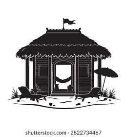 Exotic beach cottage silhouette with thatched roof deck chairs and sun umbrella on sandy shore summer tropical vacation resort leisure architecture concept isolated graphic element perfect for travel branding and holiday design projects high quality black vector illustration on white background.
