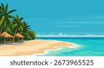 Exotic Beach with Huts and Coconut Trees Illustration Vector Art