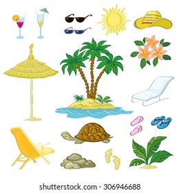 Exotic and Beach Objects Set, Sun, Palm Trees on the Island, Flowers, Leaves, Glasses, Hat, Umbrella, Beach Chair, Turtle, Slippers, Stones, Footprints in the Sand Isolated on White Background. Vector