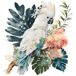 Exotic Beach Trendy Illustrated Floral Vector Tropical Leaves. Jungle Cockatoo. Wallpaper Print Background Mosaic.