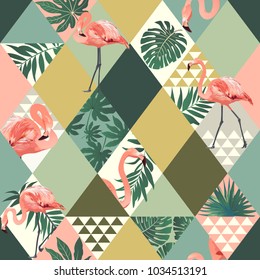 Exotic beach trendy seamless pattern illustrated floral vector tropical leaves. Jungle pink flamingos Wallpaper print background mosaic