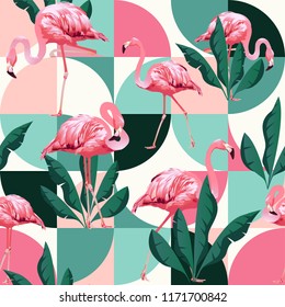 Exotic beach trendy seamless pattern, patchwork illustrated floral vector tropical banana leaves. Jungle pink flamingos Wallpaper print background mosaic.