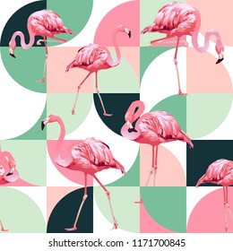 Exotic beach trendy seamless pattern, patchwork illustrated floral vector tropical banana leaves. Jungle pink flamingos Wallpaper print background mosaic.