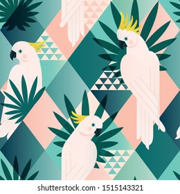 Exotic beach trendy seamless pattern, patchwork illustrated floral vector tropical leaves. Jungle cockatoo. Wallpaper print background mosaic.