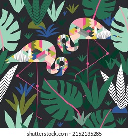 Exotic beach trendy seamless pattern, patchwork illustrated floral vector tropical monstera leaves. Jungle flamingos Wallpaper print background mosaic.