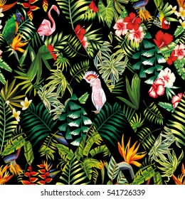 Exotic beach trendy seamless pattern, patchwork illustrated floral vector tropical banana leaves, hibiscus flower, lilies, plumeria. Jungle parrots and pink flamingos wallpaper print black background