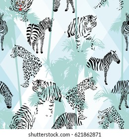 Exotic beach trendy seamless pattern, patchwork illustrated tropical animals vector. Jungle zebra, tiger, lion, panther Wallpaper print tropic palm trees background mosaic