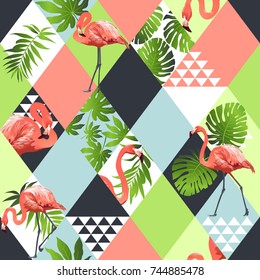 Exotic beach trendy seamless pattern, patchwork illustrated floral vector tropical banana leaves. Jungle pink flamingos Wallpaper print background mosaic