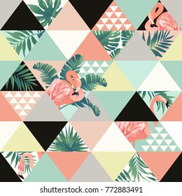 Exotic beach trendy seamless pattern, patchwork illustrated floral vector tropical banana leaves. Jungle pink flamingos Wallpaper print background mosaic