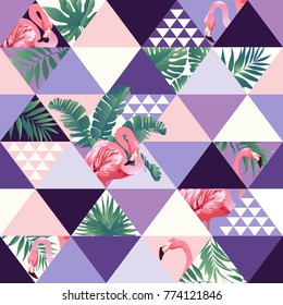 Exotic beach trendy seamless pattern, patchwork illustrated floral vector tropical banana leaves. Jungle pink flamingos Wallpaper print background mosaic