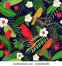 Exotic beach trendy vector seamless pattern, Hawaiian Tropical Hibiscus Flower, Leaves of palm tree and Northern cardinal birds. Tropical Summer jungle print.