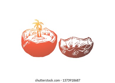 Exotic beach trip, surreal sea shore with palm trees, umbrella and chaise lounge, summer recreation. Little tropical island in open coconut concept sketch. Hand drawn vector illustration