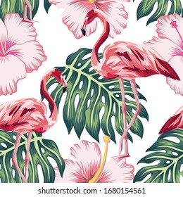 Exotic beautiful bird pink flamingo, hibiscus flowers and tropical monstera green leaves seamless vector pattern on white background. Beach creative wallpaper