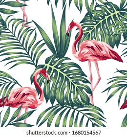 Exotic Beautiful Bird Pink Flamingo And Tropical Palm, Banana, Fern, Monstera Green Leaves Seamless Vector Pattern On White Background. Beach Creative Wallpaper