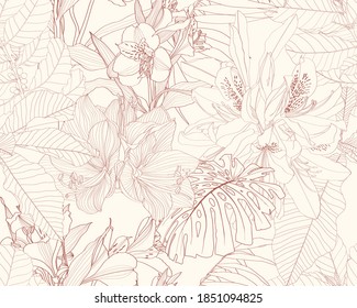 Exotic beige brown line tropical leaves and flowers on beige background. Floral seamless pattern. Tropical illustration. Summer beach design. Paradise nature.	