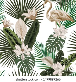 Exotic beige lily flowers background of green palm, banana, monstera, fern leaves with flamingo bird. Hawaiian tropic seamless pattern. Summer trendy nature vector wallpaper white background