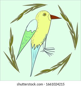 exotic bird with branches. beautiful multi-colored fairytale bird. Hand-drawn childish illustration. wild bird in vector. tropical yellow bird with a long beak in the style of a cartoon