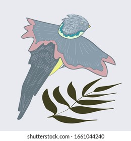 exotic bird with branches. beautiful multi-colored fairytale bird. Hand-drawn childish illustration. wild bird in vector.