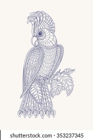 Exotic bird, fantastic branches, leaves. Contour indigo blue thin line drawing on a light beige Vector fantasy stylized cockatoo jungle parrot silhouette. T-shirt print.Coloring book page. Henna tattoo