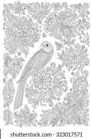 Exotic bird with fantastic flowers, branches, leaves. Black and white contour thin line. Vector decorative fantasy stylized parrot silhouette in the jungle. T-shirt print. Coloring book vertical page