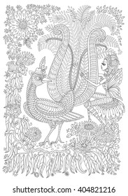 Exotic bird, fantastic tropical flowers, branch, foliage..Contour thin line. Black and white. Vector fantasy lyrebird silhouette, pixie girl, eucalyptus leaves.T-shirt print. Adults coloring book page