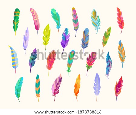 Exotic bird feathers set. Rich waterfall of colored fluff bright green design with red tints soft blue contrast beautiful natural purple peacock tracery with yellow parrot picture. Cartoon vector.