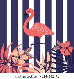exotic bird flamingo with palm leaves and hibiscus flowers vector illustration