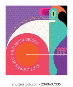 Exotic bird geometric style vector poster design. A large parrot of bright colors with a spread wings sits on a branch.