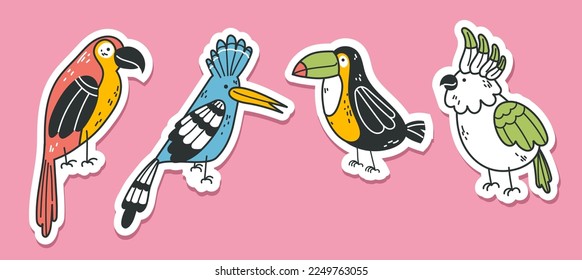 Exotic bird jungle parrot tropical summer style cute stickers animal isolated concept set. Vector cartoon graphic design element