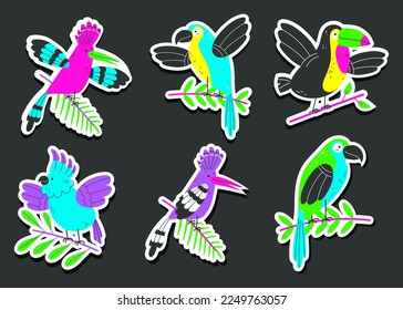 Exotic bird jungle parrot tropical summer style cute stickers animal isolated concept set. Vector cartoon graphic design element
