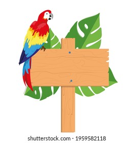 An exotic bird, the Macaw parrot, sits on a signpost amid tropical greenery. A poster, a place for your text with a cartoon-style illustration. Vector, EPS 10.