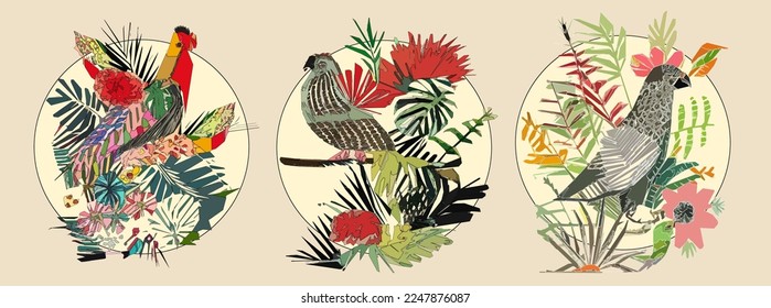 Exotic bird on tree branch with leaves and sun on light beige background. Colorful illustration.